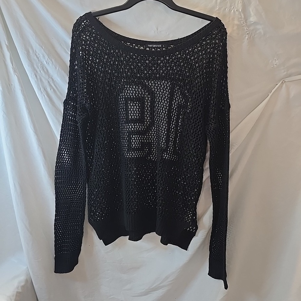 Terranova Crochet Jersey Number 19 Long‎ Sleeve Black Open Crochet Y2K 90s Sz L